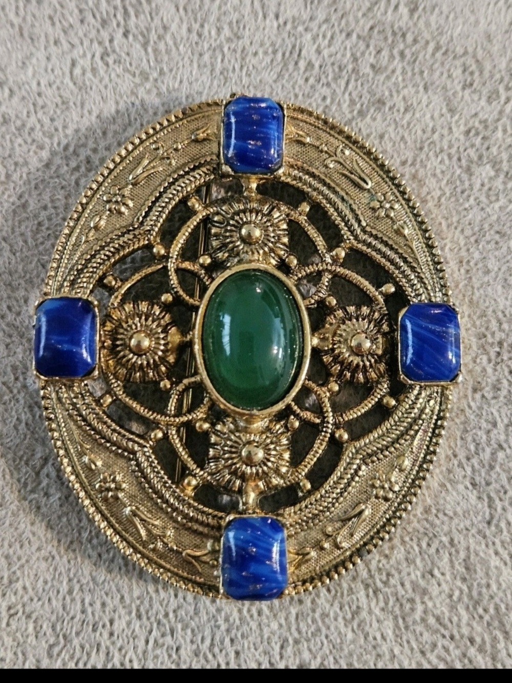 Vintage Cabochon Pin Brooch Lapis Lazuli Antiqued Gold Tone Oval Ornate Heavy
